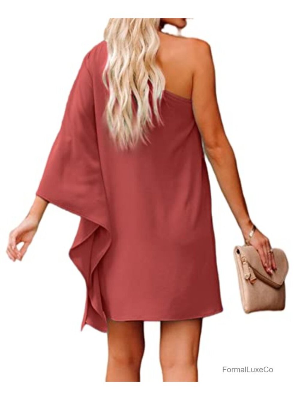 One Shoulder Ruffle Batwing Sleeve Mini Party Cocktail Dress - Picture 3 of 5